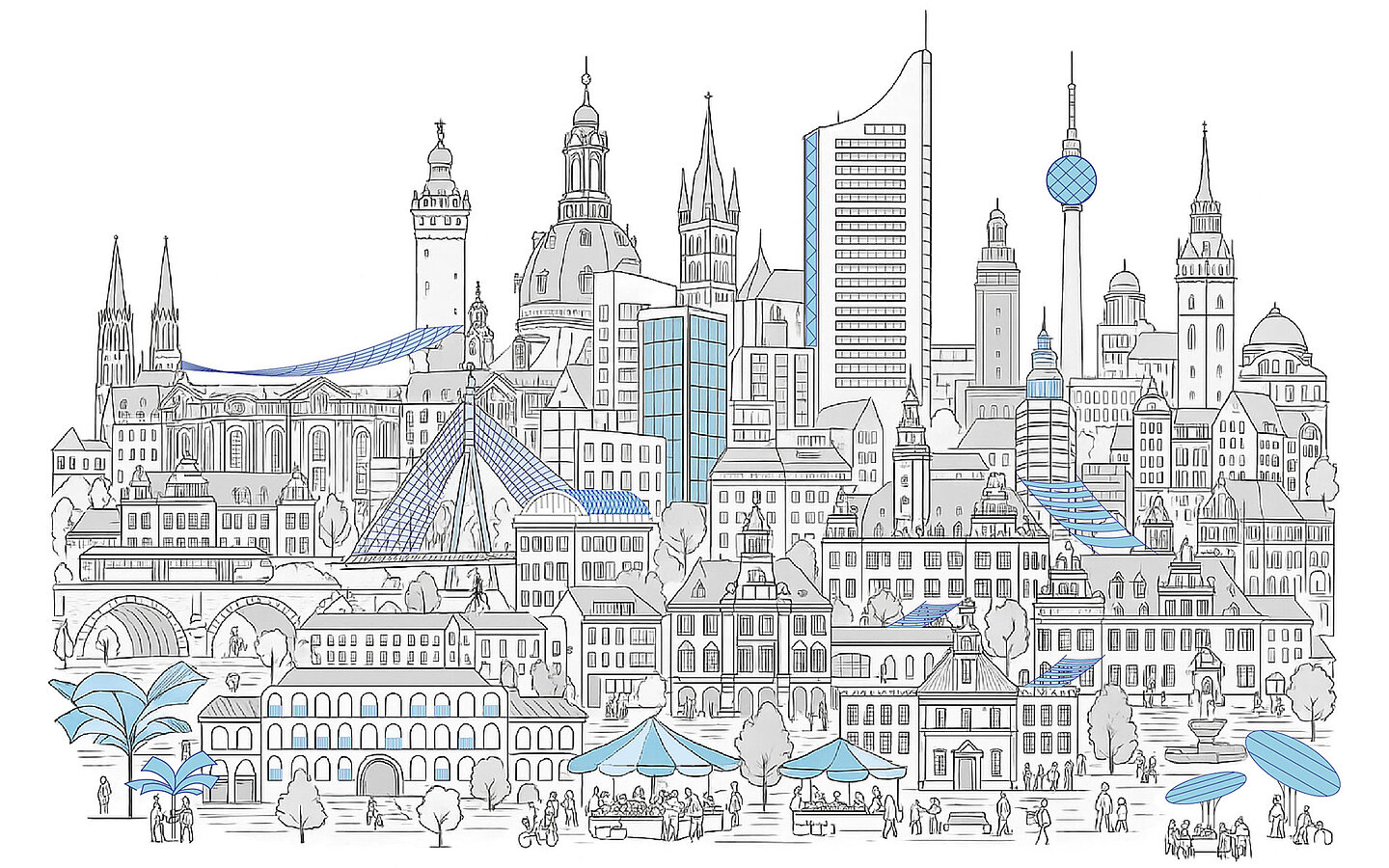 City skyline with historic and modern buildings, complemented by photovoltaic elements.