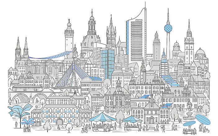 Pop-up PV: Stadtvision mit integrierter Photovoltaik | Illustration: Stefan Huth, ai:L@HTWK Leipzig; ergänzt durch KI-generierte Elemente