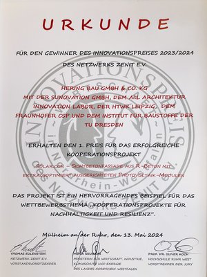 Urkunde Zenit Innovationspreis 2024 zu sehen ist eine Urkunde mit Text