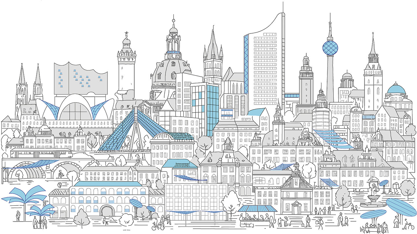 Stadtsilhouette mit historischen und modernen Gebäuden, ergänzt durch Photovoltaik-Elemente.