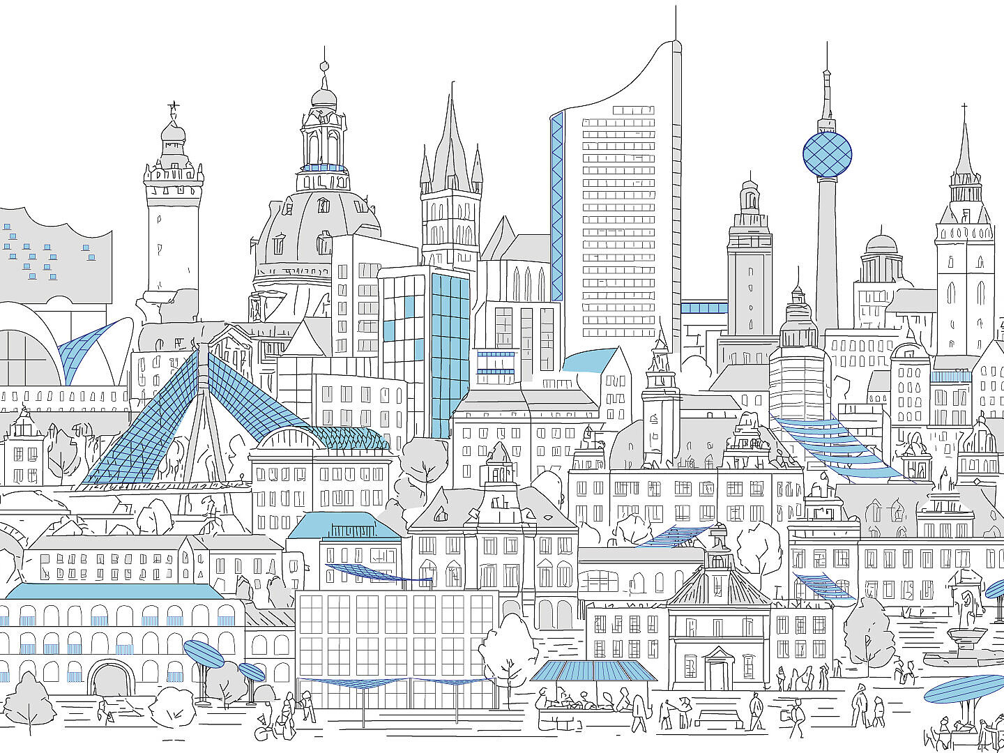 City skyline with historic and modern buildings, complemented by photovoltaic elements.