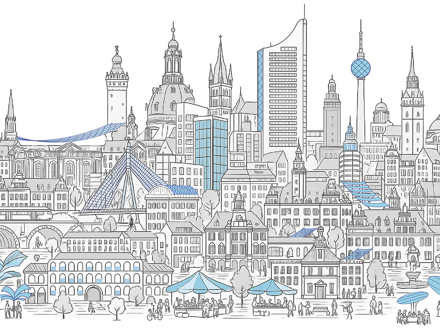 City skyline with historic and modern buildings, complemented by photovoltaic elements.