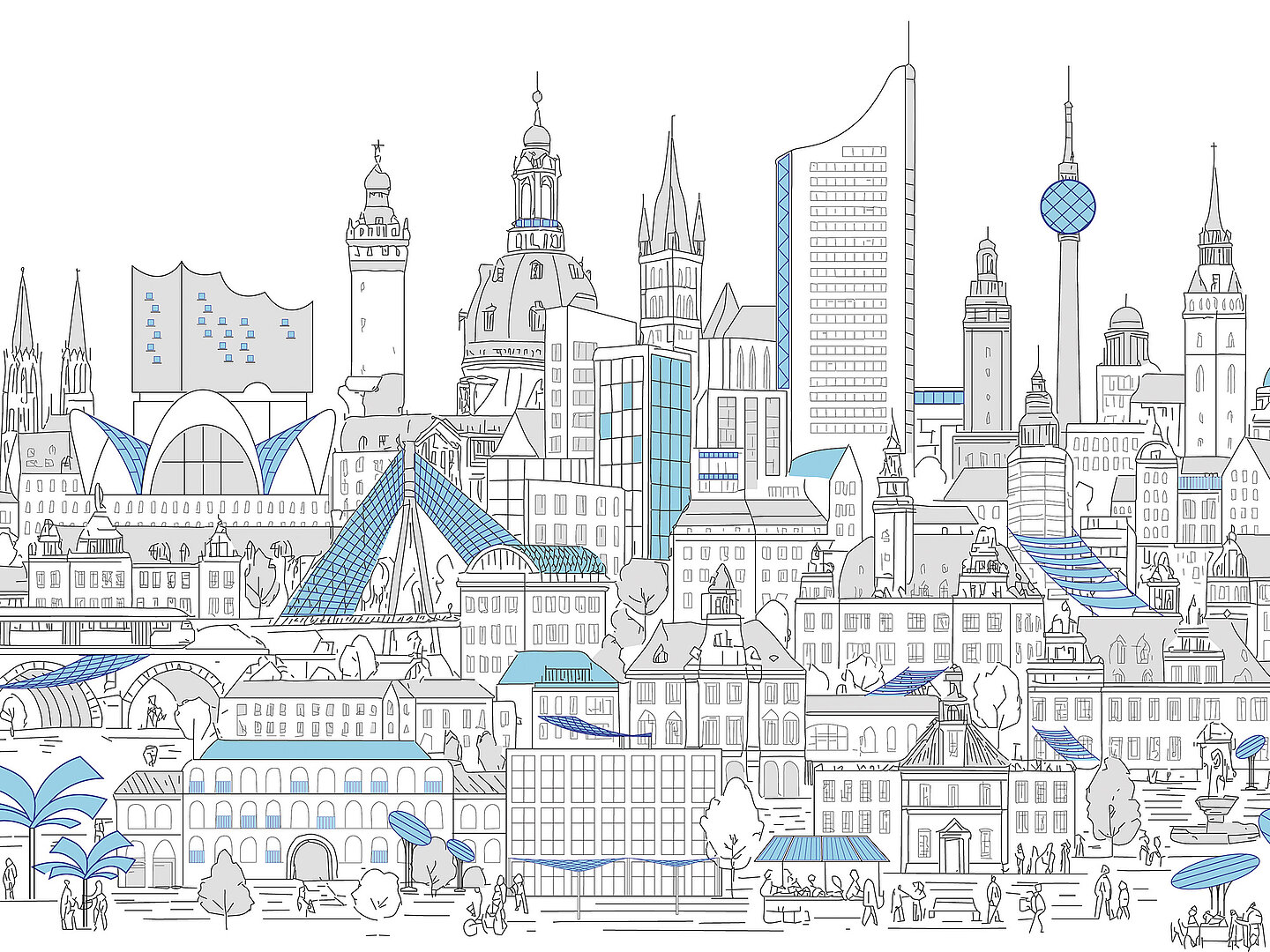 Pop-up PV: UUrban vision with integrated Photovoltaics | Illustration: Stefan Huth, ai:L@HTWK Leipzig; supplemented by AI-generated elements City skyline with historic and modern buildings, complemented by photovoltaic elements.